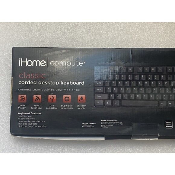 iHome Classic Corded Quiet Touch Slim Full Size USB Desktop Keyboard NEW L4 - Picture 2 of 4